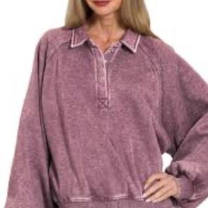 NEW LADIES SIZE S/M ZENANA PURPLE MINERAL WASH LONG SLEEVE SNAP NECK SHIRT TOP